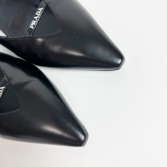 PRADA Black Slingback Ballet Flats 40 US 9.5 Point Toe Logo Flat Brushed Leather - Picture 7 of 15